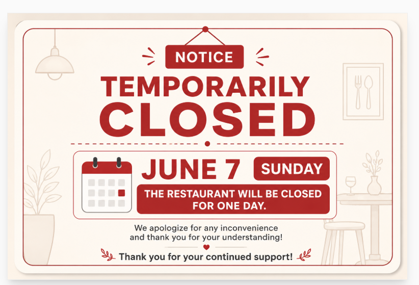 Restaurant closure notice: Closed Sunday June 7 for kid's graduation. Red and cream illustration with calendar icon, hanging lamp, and dining table